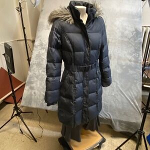 DKNY Long Down Puffer Coat Fur Hooded Womens Small